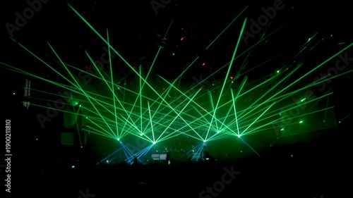 Crowd with Hands Up Recording on Smartphones Under Blue Green and Purple Laser Lights
