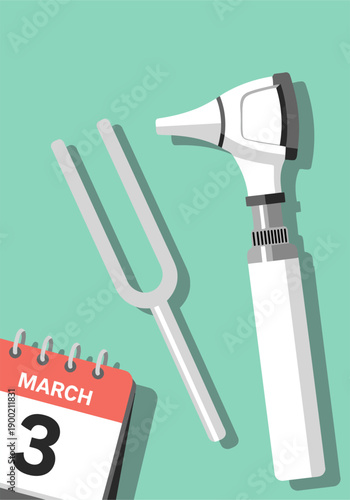 Otoscope and Tuning Fork with March 3 Calendar for World Hearing Day