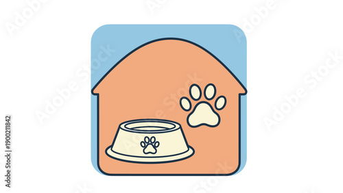A cartoon-style illustration of a pet house with paw prints, and a bowl with a paw