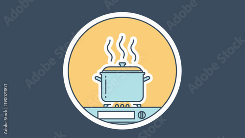 A circular graphic of a pot boiling on a stove, with steam rising up