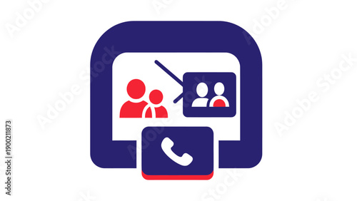 Digital icon of people in video call. Contains phone icon in a rounded square