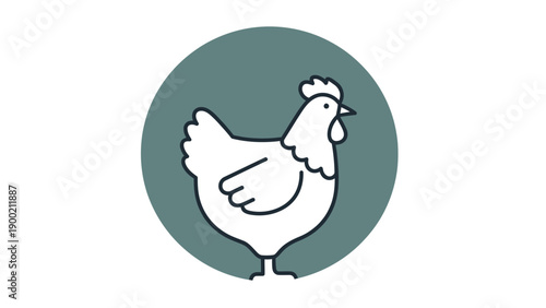 A simple illustration of a chicken in a circle. White hen with dark outline