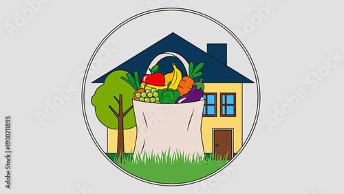 Illustration depicts a house, tree, and a bag overflowing with colorful fruits and vegetables