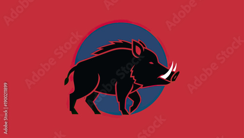 Stylized silhouette of a boar inside a blue circle with a red outline, set against red