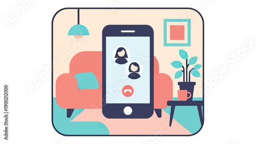 A digital illustration depicts a video call on a smartphone in a cozy living room setting