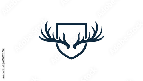 A dark blue minimalist emblem features antlers above a shield shape on a white background