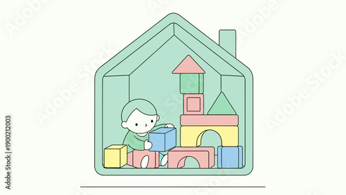 A child inside a house-shaped frame plays with colorful wooden blocks
