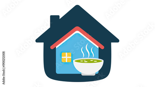 Colorful home icon with a blue sky, red roof, yellow window, and a bowl of green soup
