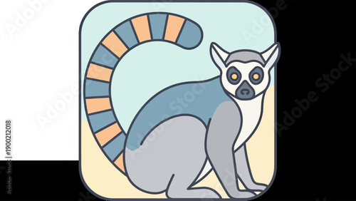 Illustration of a ring-tailed lemur in a rounded rectangle with geometric coloring
