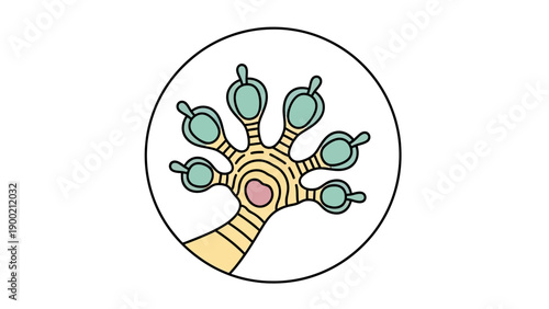 Simplified illustration of a gecko's foot with suction pads, within a black circle on white