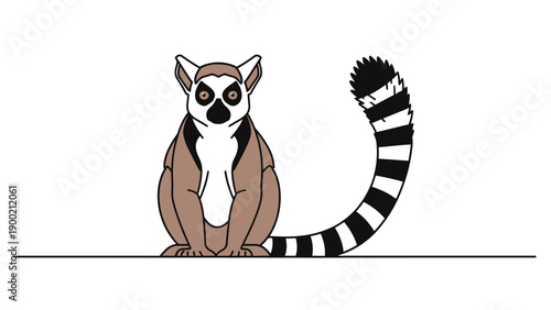Cartoon lemur with black and white striped tail sitting down on white background