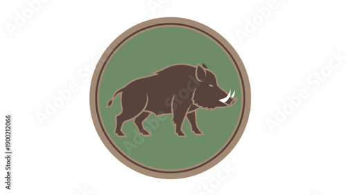 A circular emblem featuring a brown boar within a green circle, bordered with brown