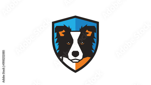 A shield shape with a dog's head, white muzzle, orange ears, and a blue background
