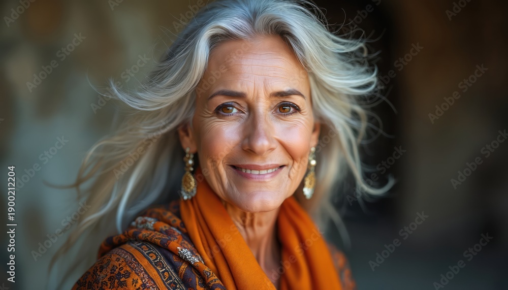 Naklejka premium Mature woman with flowing silver hair smiles warmly. Wears ornate gold earrings, patterned orange scarf, exuding confidence, style. Expression conveys wisdom, joy. Woman enjoys gentle breeze outdoor.