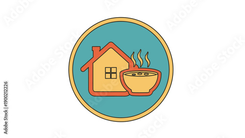 A stylized circular icon depicting a house and a bowl of soup, evoking comfort and warmth