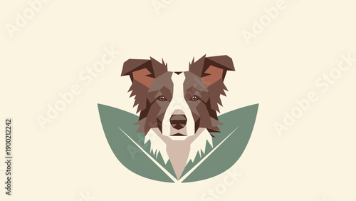 Geometric illustration of a dog's head with stylized leaves on a cream background