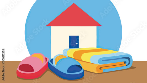 Cartoon illustration of a house with slippers and towels on a surface, blue backdrop