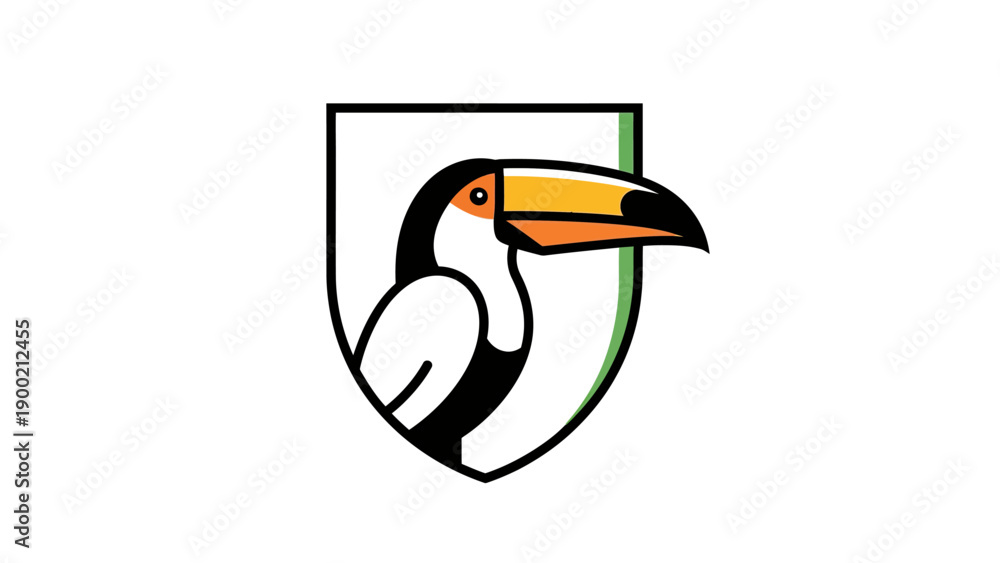 Obraz premium A stylized toucan bird, black and white outline, within a shield shape with yellow beak