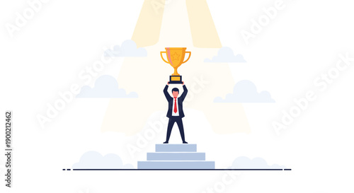 Triumphant businessman holding a golden trophy above his head, standing on steps under a glorious spotlight.