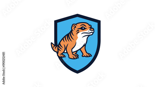 A stylized animal, orange with stripes, sits inside a shield
