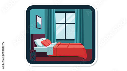 A bedroom scene illustration featuring a bed, nightstand, window, curtains, and a painting