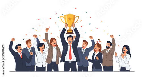 Large diverse business team celebrating a collective triumph, cheering with raised fists as confetti falls around a