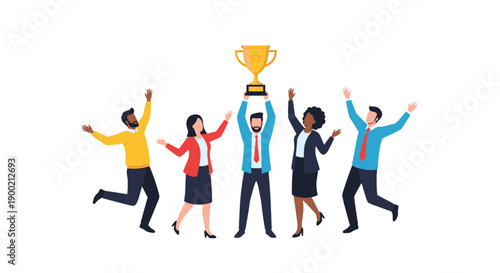 Energetic business team jumping and cheering with excitement, one member proudly holding a golden victory trophy.