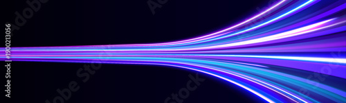 Magenta and purple neon arcs dance above abstract city blocks. Energy trails simulate rapid motion. Ideal for sci-fi and cyberpunk projects. 