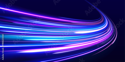 Bright purple and blue neon streaks surge across a dark digital landscape. Motion lines twist with velocity and energy. Transparent for tech designs. 