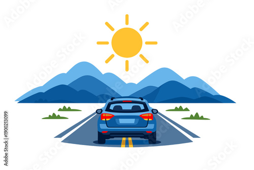 Blue car drives on a road surrounded by mountains under a bright sun in a clear sky during the day