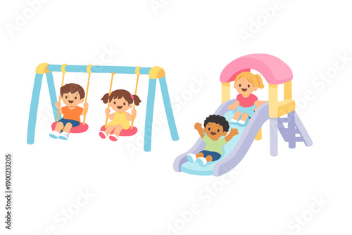 Kids play on swings and slide in a colorful playground during a sunny day in a local park. They enjoy their time while laughing and having fun together