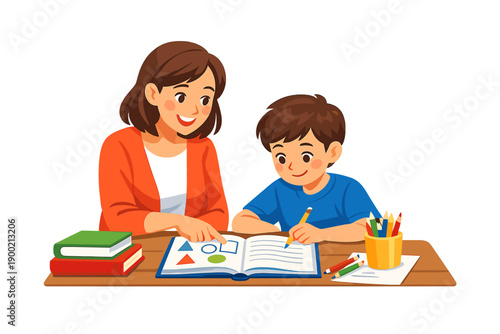 Mother helps her son with homework while sitting at a table in a home study area during daytime