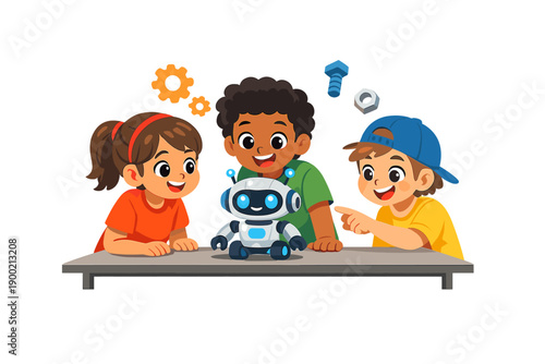 Children learn about robots and technology while playing and having fun together at a table in a classroom or home environment during a sunny afternoon