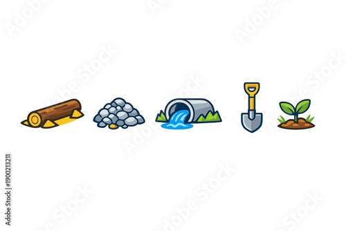 Logs, stones, water, drainage, and planting tools are shown in a sequence representing an outdoor project on a warm day in a garden or construction area