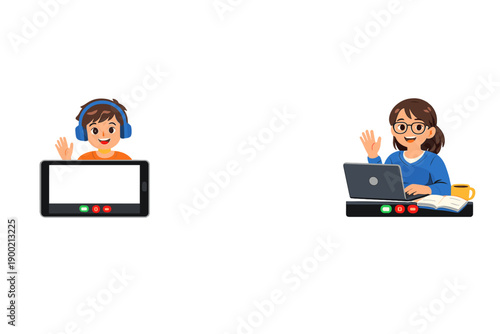 Students engaging in a virtual classroom session using laptops and tablets while communicating and learning online during the day