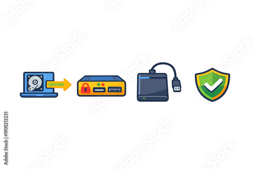 Data transfer from a laptop to an external hard drive is shown in steps with icons for security and connection