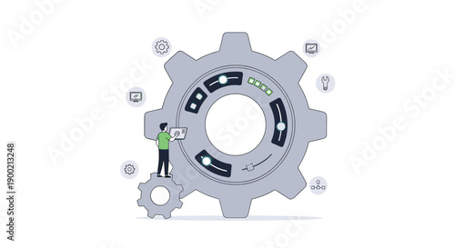 Man standing on a small gear, interacting with a giant digital gear interface for system optimization and management.
