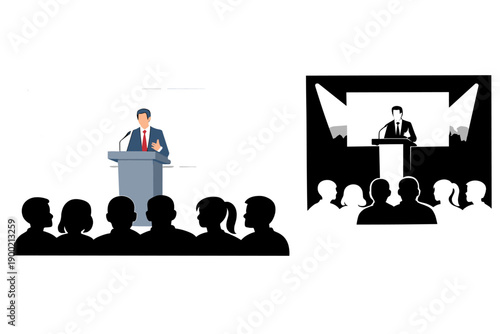 Public speaking event shows a person at a podium talking to an audience in a bright setting and a dark background with a different audience view
