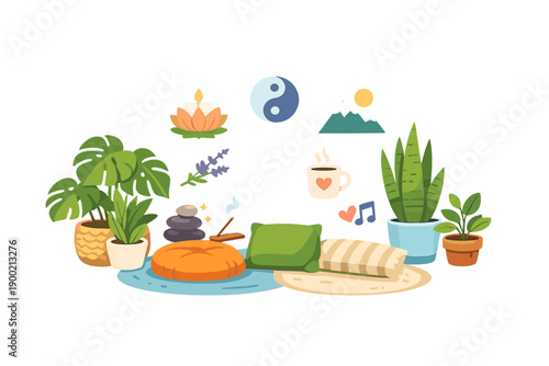 Variety of plants, cushions, and decor elements arranged in a cozy setting for relaxation in a home environment