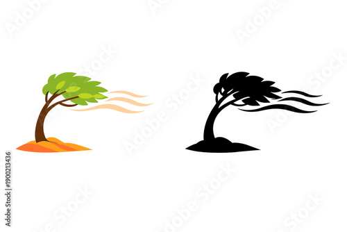 Wind blows through two trees showing different forms, one with leaves and one without, representing change in nature and environment