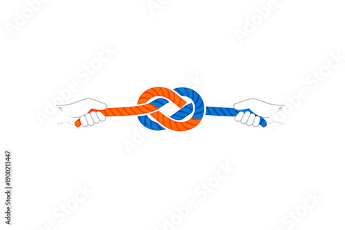 Two hands pull on a rope tied in a knot showing teamwork and collaboration in a simple graphic design