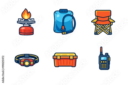 Collection of camping gear including a stove, water container, chair, toolbox, headlamp, and walkie-talkie arranged in a neat row on a white background