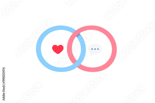 Two overlapping circles with simple symbols representing love and communication in a digital design format