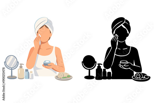 Woman applying skincare products at home in the bathroom during daytime with a mirror and various bottles on the counter