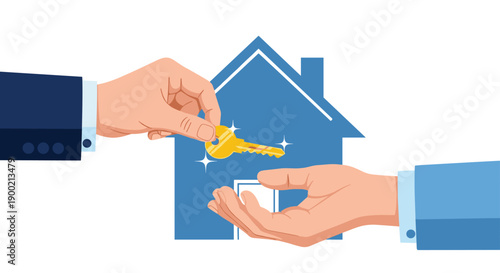 Professional hand handing over a sparkling golden key to another, symbolizing secure property ownership transfer.