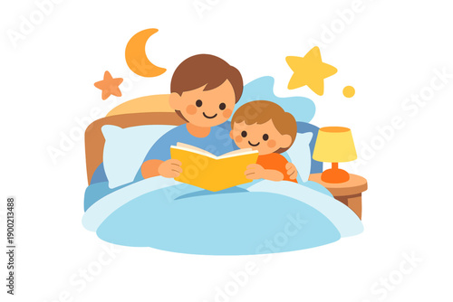 Reading a bedtime story with a child in a cozy room during nighttime while sitting in bed with a lamp on
