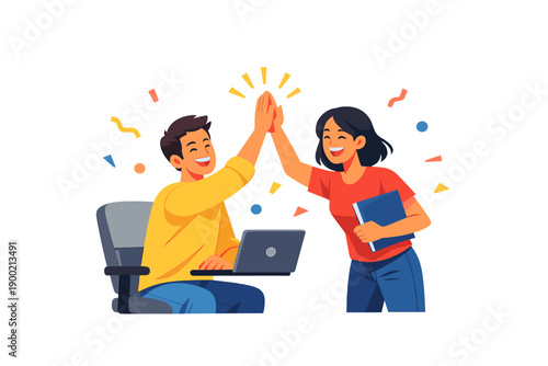 Two people celebrating success while working on a laptop in a bright and colorful setting with confetti and a joyful atmosphere during the day