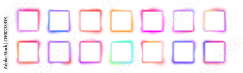 Set of glowing neon square frames isolated on dark background. Electric gradients in pink, violet, and blue create dynamic visual effect. Perfect for banners, social media, and posters. PNG