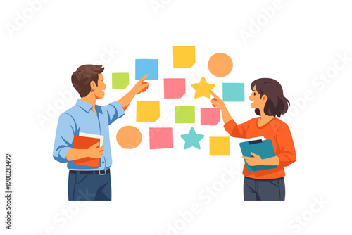 People discuss ideas while pointing at sticky notes on a wall in a bright office space during daytime hours