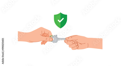 Hands exchanging a house key, symbolizing a secure and trustworthy real estate transaction with a shield.